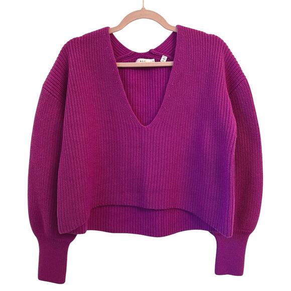 A.L.C. Melanie Sweater Orchid Medium 100% Wool Purple Chunky Knit Cropped Boxy - Picture 2 of 12